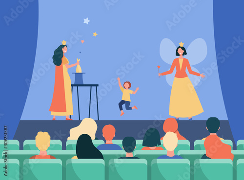Happy animators performing on stage for kids. Magic, fairy, costume flat vector illustration. Entertainment and performance concept for banner, website design or landing web page