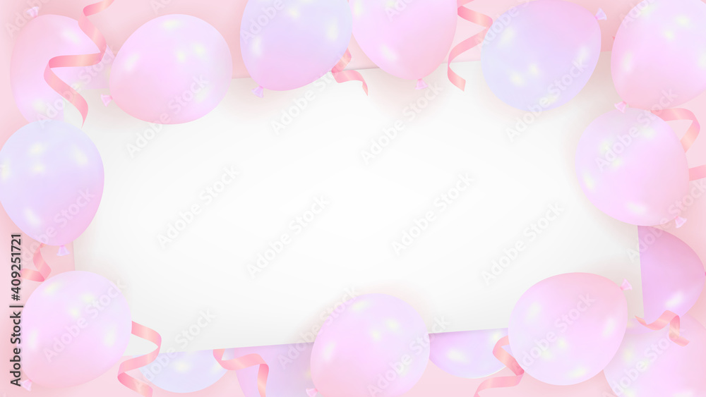Pink background from realistic air balloons with a blank sheet of paper. Template for celebration of happy birthday, Valentines Day, wedding with space for text. Vector illustration