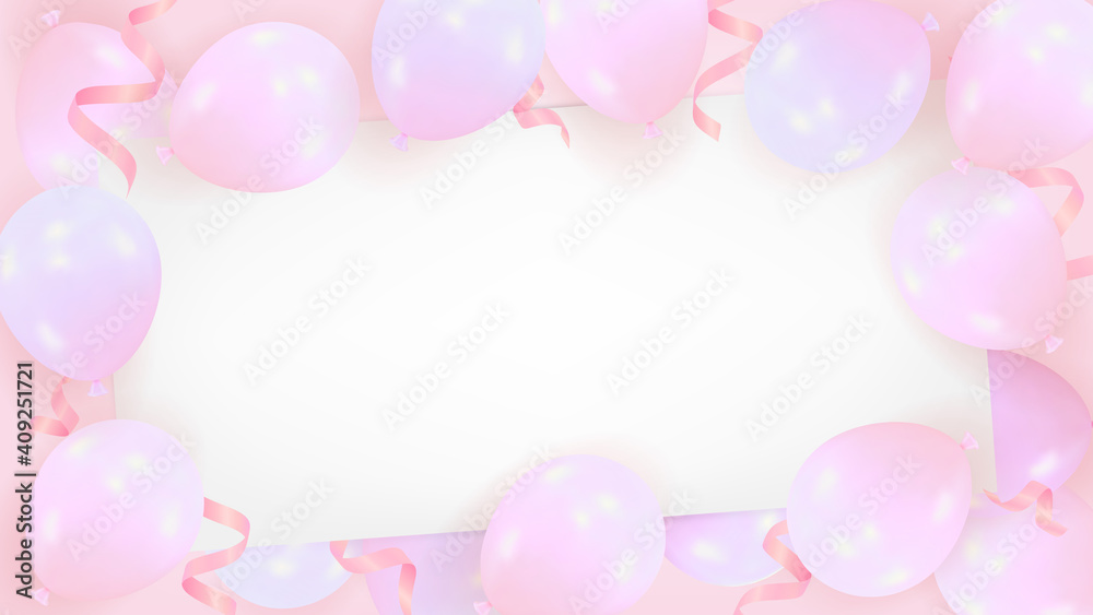 Pink background from realistic air balloons with a blank sheet of paper. Template for celebration of happy birthday, Valentines Day, wedding with space for text. Vector illustration Pink background from realistic air balloons with a blank sheet of paper. Template for celebration of happy birthday, Valentines Day, wedding with space for text. Vector illustration