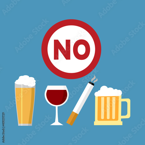 Stop smoking and drinking alcohol habits concept vector illustration. Prohibited sign for beer and cigarettes.
