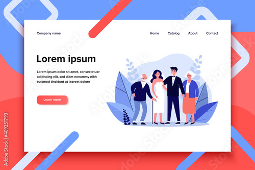 Happy newly married couple standing with senior parents. Bride, groom, love flat vector illustration. Family and wedding concept for banner, website design or landing web page