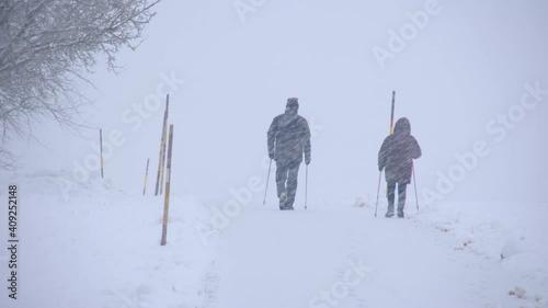 Wandering couple nordic walking in heavy snowfall  photo