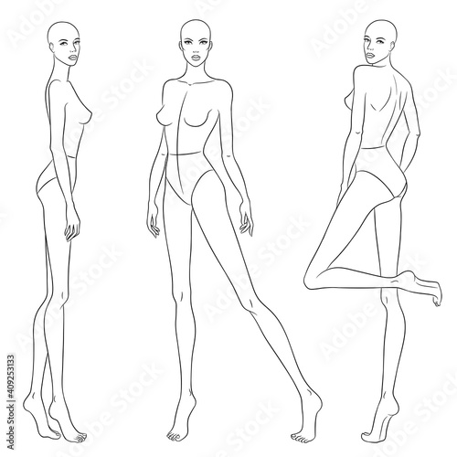 Beautiful slim woman in different poses, vector illustration. Nine head fashion figure template. Female body, front, side and back views.