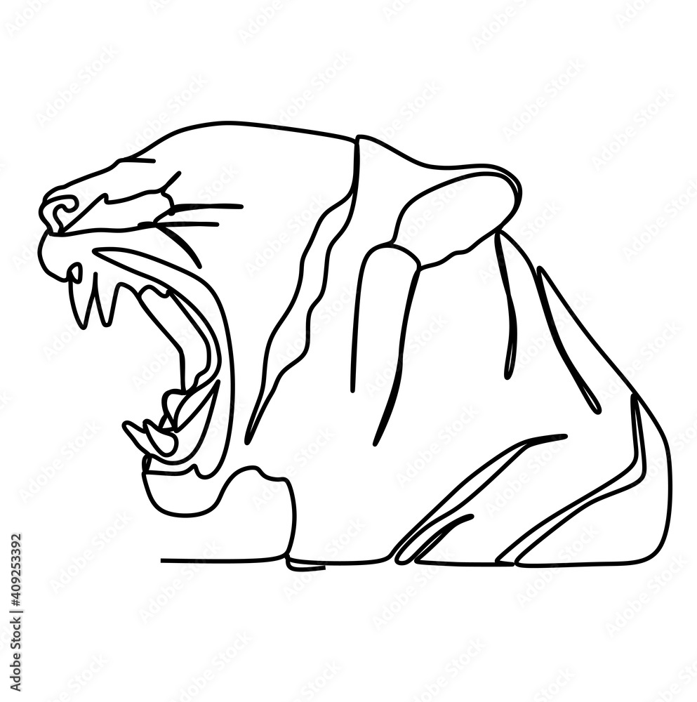 Tiger show its fangs. Continuous one line drawing hand drawn style design for animal concept Tiger show its fangs. Continuous one line drawing hand drawn style design for animal concept