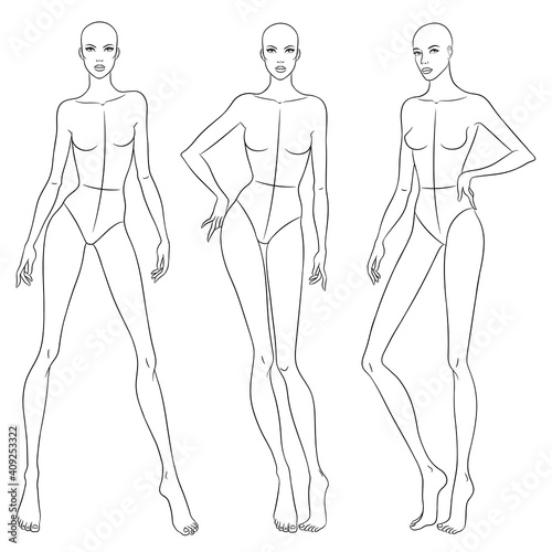Beautiful slim woman in different poses, vector illustration. Nine head fashion figure template. Female body, front, side and back views.
