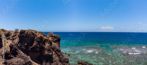 Beautiful view of Reunion island coast line, beach and lagoon