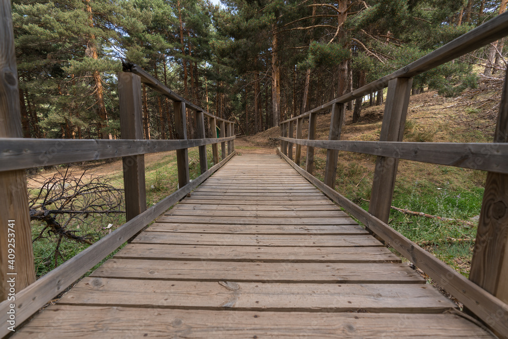 small wooden bridge on a Sierra Nevada pedestrian path