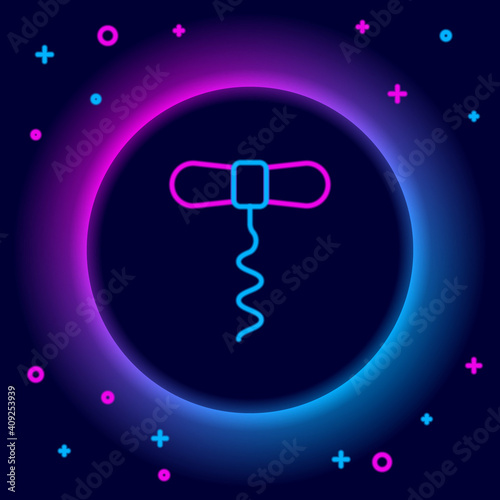 Glowing neon line Wine corkscrew icon isolated on black background. Colorful outline concept. Vector.