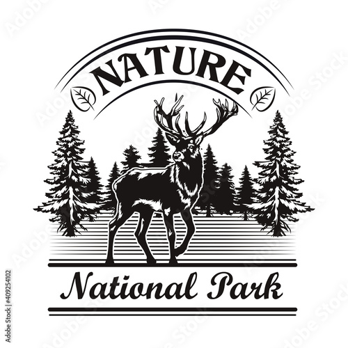 Nature and park symbol design. Monochrome element with reindeer in forest, landscape vector illustration with text. National park concept for stamps and emblems templates