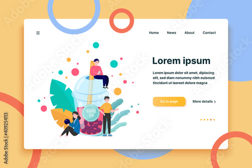 Bubble milk tea flat vector illustration. Cartoon cute tiny people sitting near big plastic mug and drinking boba beverage. Summer and Asian drinks concept