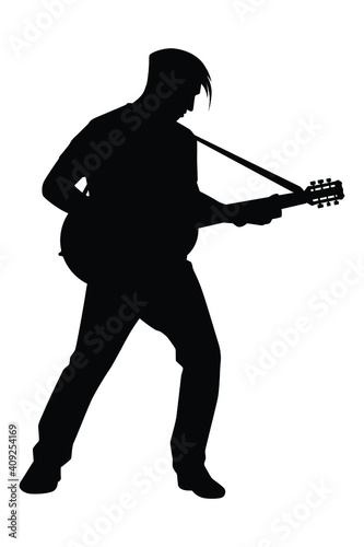 Musician with guitar in concert silhouette vector on white background