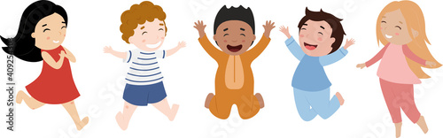children of different nationalities jumping in a place in pajamas on a white background