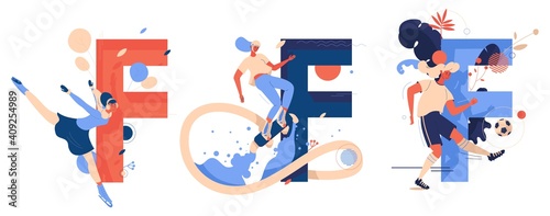 Vector collection with letters F for figure skating, flyboarding and football. Women being active and happy while training activities isolated on white