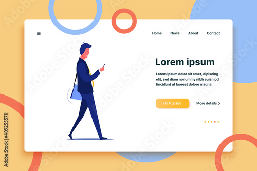 Busy workaholic in suit with smartphone. Busy person flat vector illustration. Active life style, work, business concept for banner, website design or landing web page.