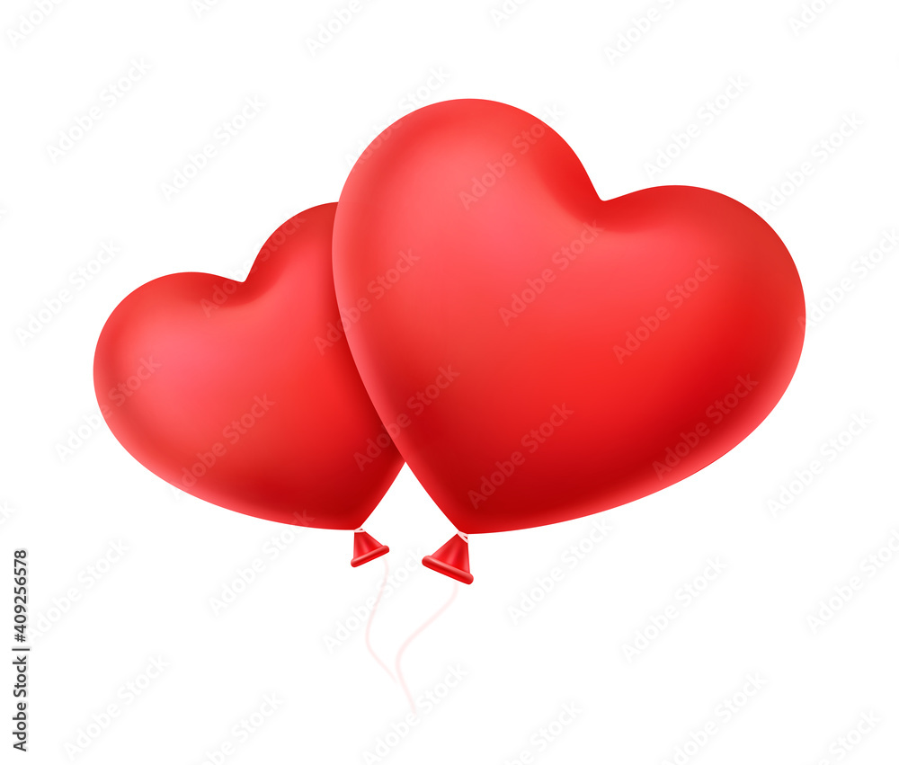 Two red hearts in the shape of balloon on white background. Valentine's Day. 3d realistic vector illustration.