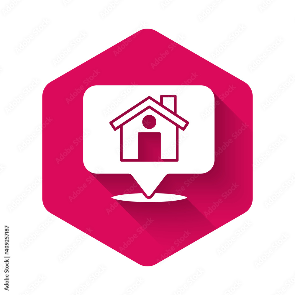 White Map pointer with house icon isolated with long shadow background. Home location marker symbol. Pink hexagon button. Vector. White Map pointer with house icon isolated with long shadow background. Home location marker symbol. Pink hexagon button. Vector.