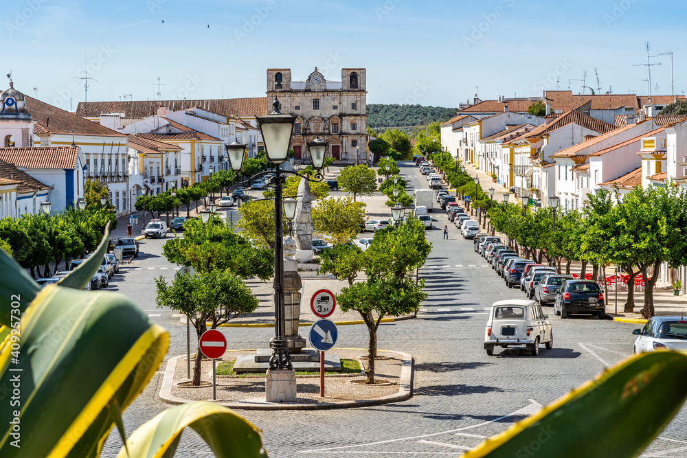 Main square in city center of historic Vila Vicosa, Alentejo, Portugal