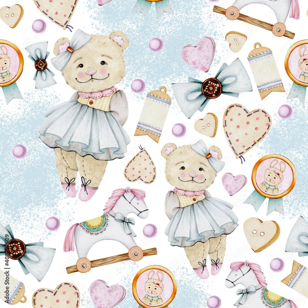 Cute pattern of painted details for sewing, brooches, fabric hearts, buttons, antique toys and decor. Ideal for the design of children's clothing, cards, posters, appliques, stickers.