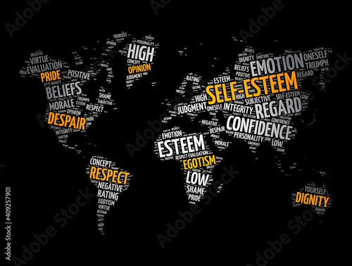 Self-esteem word cloud in shape of world map, concept background