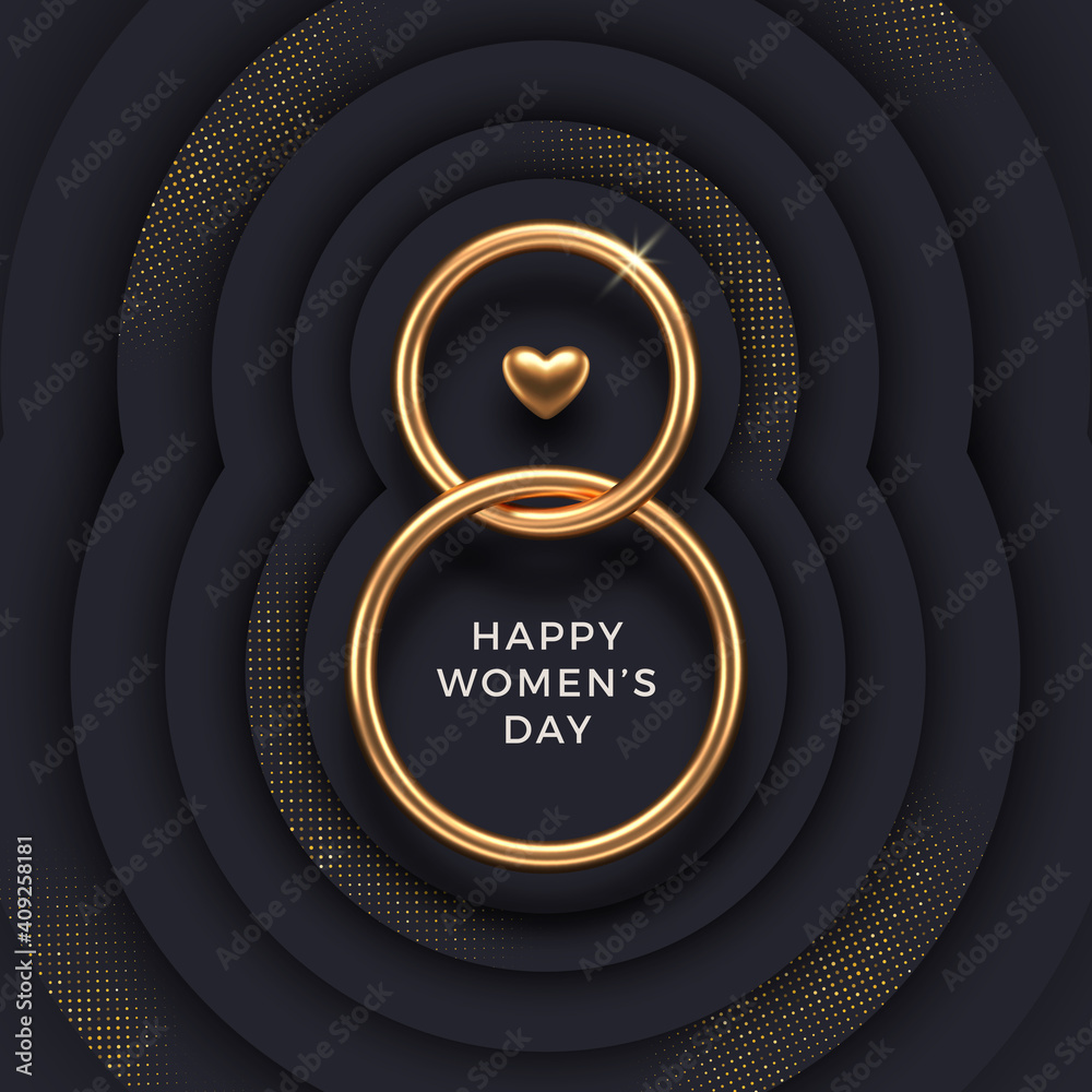 8 March - International women's day vector illustration. Realistic gold metal number eight and heart on a black  layered background with golden halftone.  - obrazy, fototapety, plakaty 