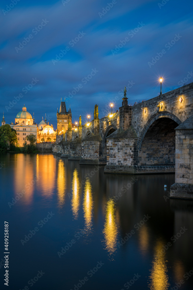Charles bridge with reflections at night, Prague, Bohemia, Czech Republic Charles bridge with reflections at night, Prague, Bohemia, Czech Republic
