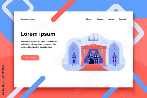 King and queen sitting on thrones in palace flat vector illustration. Cartoon medieval castle interior with knights. Monarchy and leadership concept