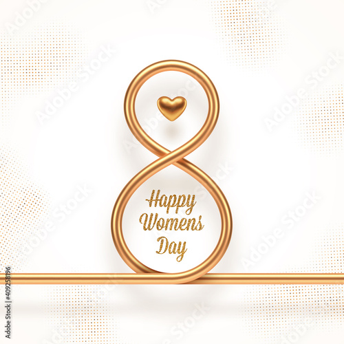 8 March - International women's day vector illustration. Realistic gold metal number eight, heart and glitter gold greeting on a  white background with golden halftone. Design for greeting card, invit