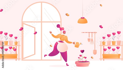Young woman plants hearts for better feedback and social support. Concept illustration of farmer with plenty of flower pots. Drawn in vibrant pink and yellow character in interior scene