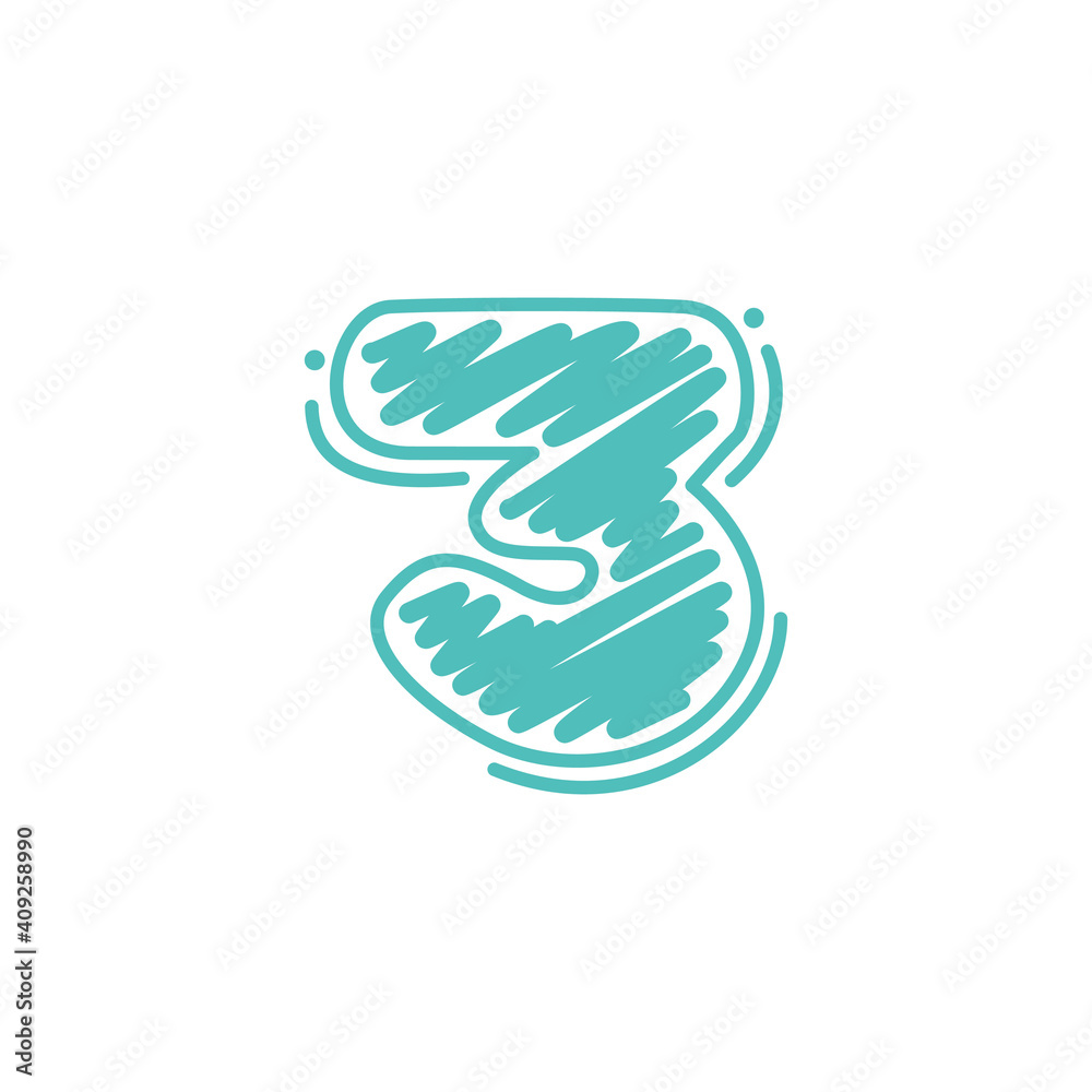 Number three logo in childish wax crayons scribbles style.