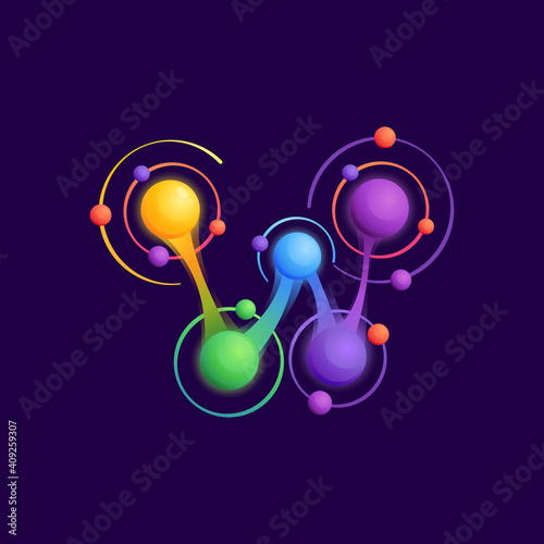 W letter logo with atoms orbits.