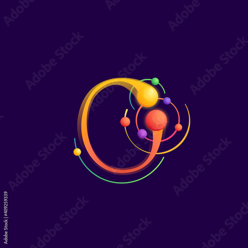 O letter logo with atoms orbits.