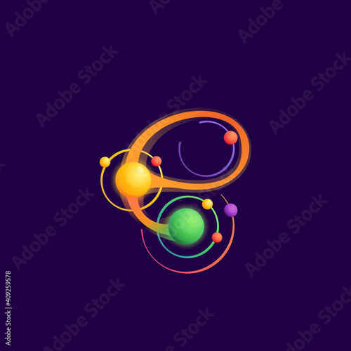 E letter logo with atoms orbits.