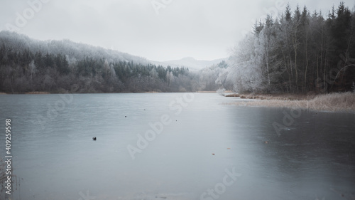 fog on a frozen lake surrounded by forests in the mountains in winter