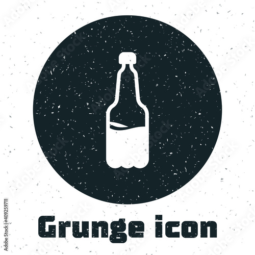 Grunge Plastic beer bottle icon isolated on white background. Monochrome vintage drawing. Vector.