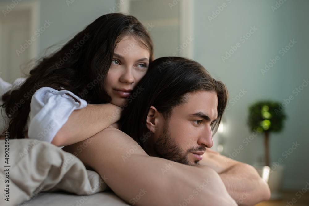 Portrait Of Husband And Wife Lying On The Pillow at their bedroo Portrait Of Husband And Wife Lying On The Pillow at their bedroo