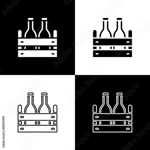 Set Pack of beer bottles icon isolated on black and white background. Wooden box and beer bottles. Case crate beer box sign. Vector.