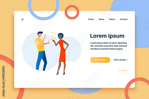 Arguing couple in conflict. Man and woman shouting and blaming each other flat vector illustration. Toxic relationship, problem, breakup concept for banner, website design or landing web page