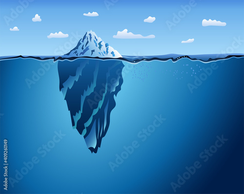 Iceberg in the ocean with a view under water. Crystal clear water. Hidden Danger And Global Warming Background Concept. Blue ice mountain in the sea vector illustration. Cold ice freshness concept.