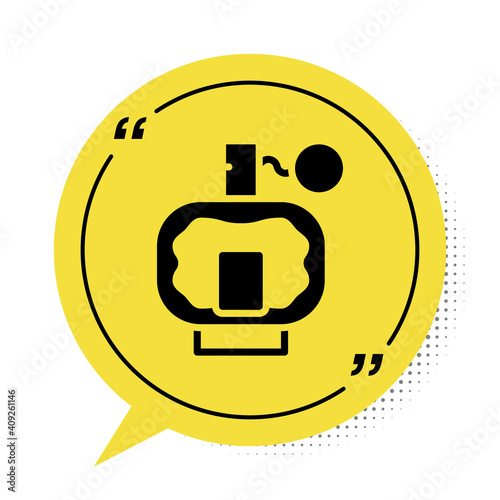 Black Aftershave icon isolated on white background. Cologne spray icon. Male perfume bottle. Yellow speech bubble symbol. Vector.