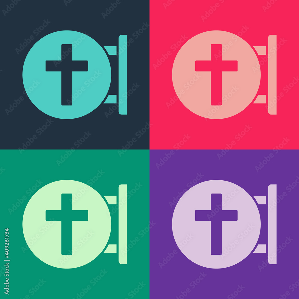Pop art Christian cross icon isolated on color background. Church cross. Vector. Pop art Christian cross icon isolated on color background. Church cross. Vector.
