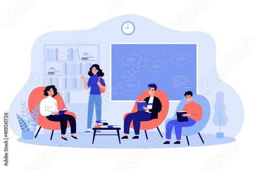 Group of college students sitting in chairs in classroom and reading books together. Vector illustration for school reading club, education, knowledge concept