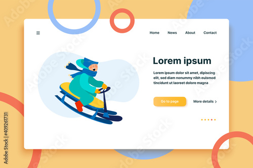 Excited kid riding on sleigh downhill. Boy sledging and having fun flat vector illustration. Holiday, outdoor activity, winter vacation concept for banner, website design or landing web page