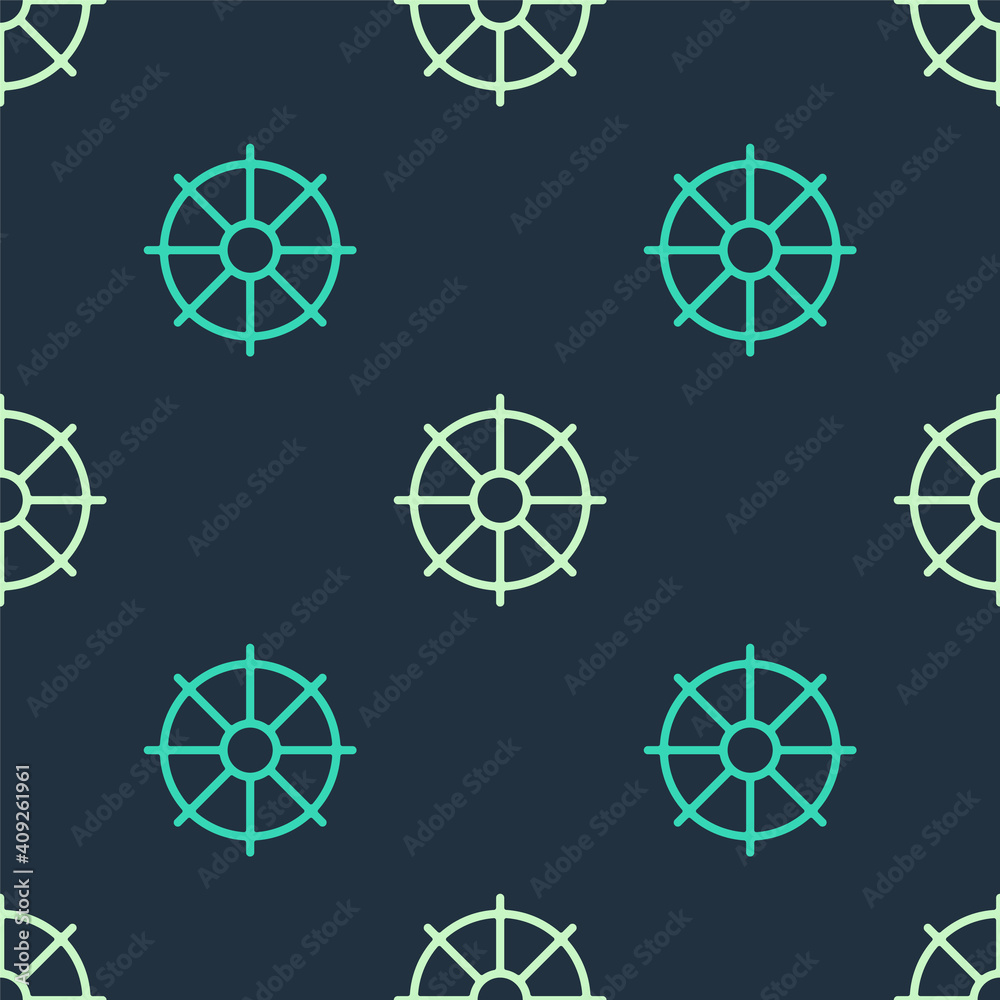 Green and beige Dharma wheel icon isolated seamless pattern on blue background. Buddhism religion sign. Dharmachakra symbol. Vector. Green and beige Dharma wheel icon isolated seamless pattern on blue background. Buddhism religion sign. Dharmachakra symbol. Vector.
