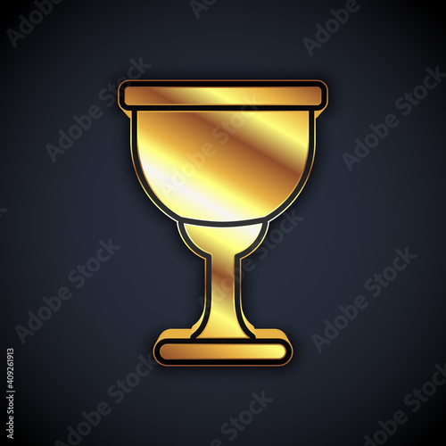 Gold Holy grail or chalice icon isolated on black background. Christian chalice. Christianity icon. Vector.