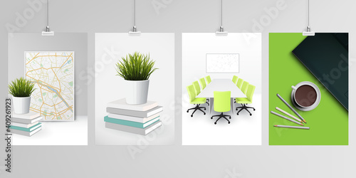 Realistic vector layouts of A4 format mockup design templates for brochure, flyer, cover design, book, magazine, brochure, poster. Home office concept, study or freelance, working from home.