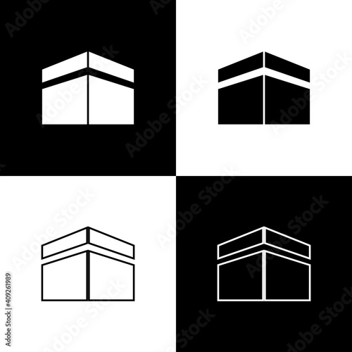 Set Kaaba mosque icon isolated on black and white background. Kaaba hajj Mecca pray pilgrimage Ramadan Islam muslim mosque. Vector.