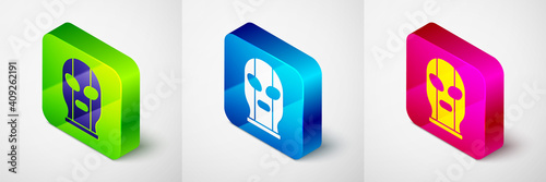 Isometric Mexican wrestler icon isolated on grey background. Square button. Vector.