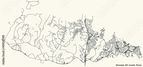 Black simple detailed street roads map on vintage beige background of the neighbourhood Municipio XIII – Aurelia municipality of Rome, Italy