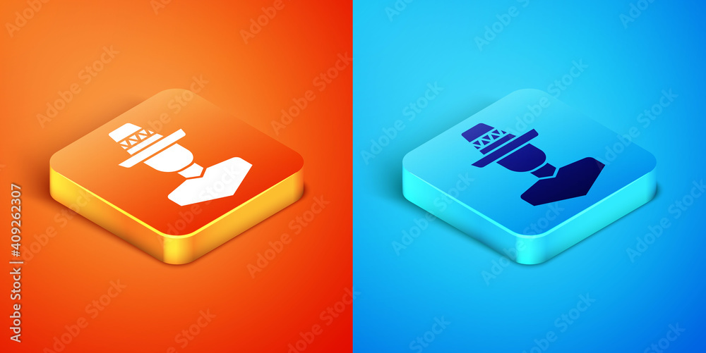 Isometric Mexican man wearing sombrero icon isolated on orange and blue background. Hispanic man with a mustache. Vector. Isometric Mexican man wearing sombrero icon isolated on orange and blue background. Hispanic man with a mustache. Vector.