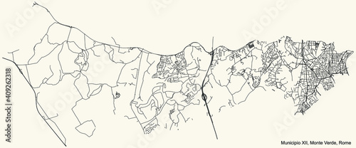 Black simple detailed street roads map on vintage beige background of the neighbourhood Municipio XII – Monte Verde municipality of Rome, Italy